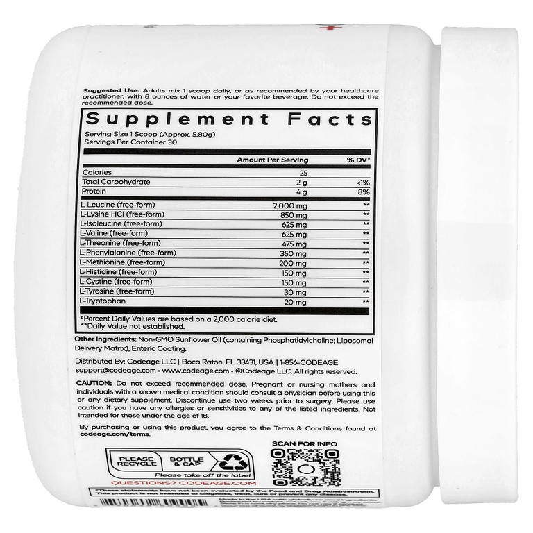 Codeage, Sport, Liposomal Multi Amino+, комплекс липосомальных аминокислот в порошке, без добавок, 174,2 г (6,15 унции)