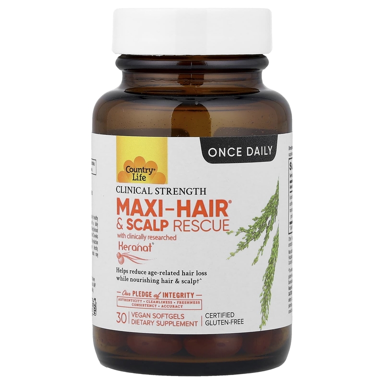 Country Life, Maxi-Hair® и Scalp Rescue, клинически подтвержденная эффективность, 30 веганских капсул