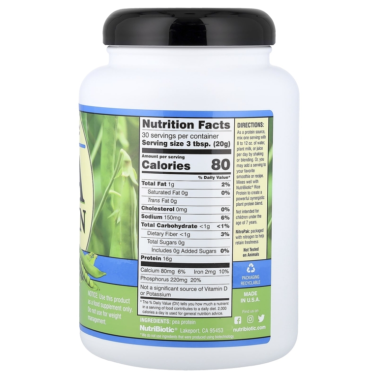 NutriBiotic, гороховый протеин в порошке, без добавок, 600 г (1 фунт 5,16 унции)
