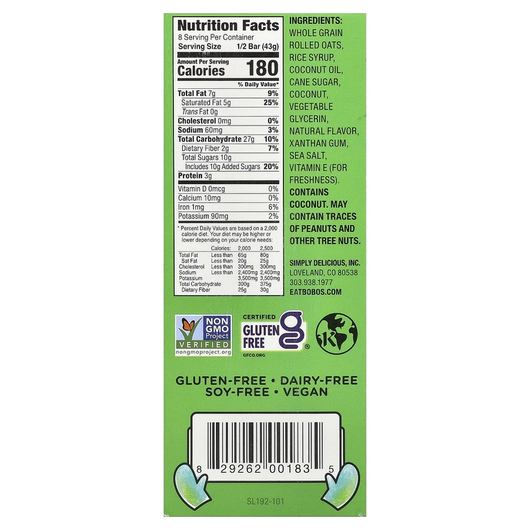Bobo's Oat Bars, овсяный батончик, кокос, 4 батончика по 85 г (3 унции)