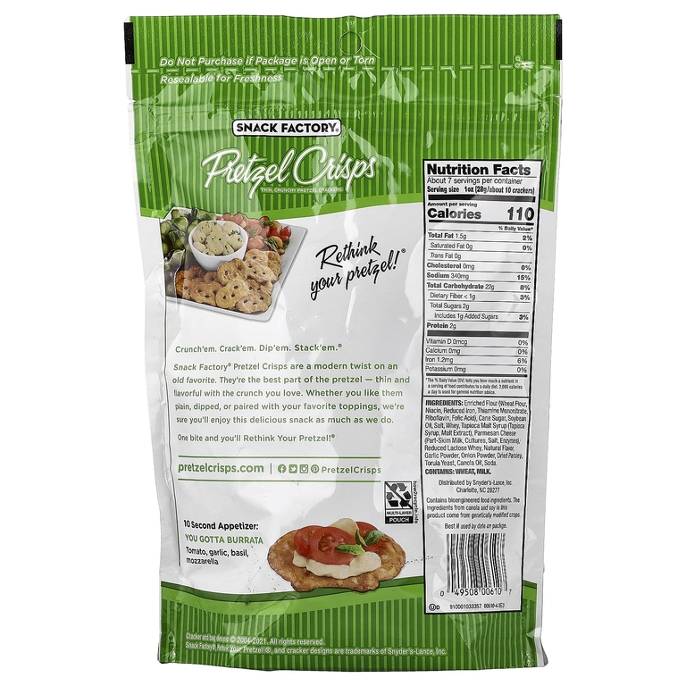 Snack Factory, Хрустящие крендели с чесноком и пармезаном, по вкусу, 204 г (7,2 унции)