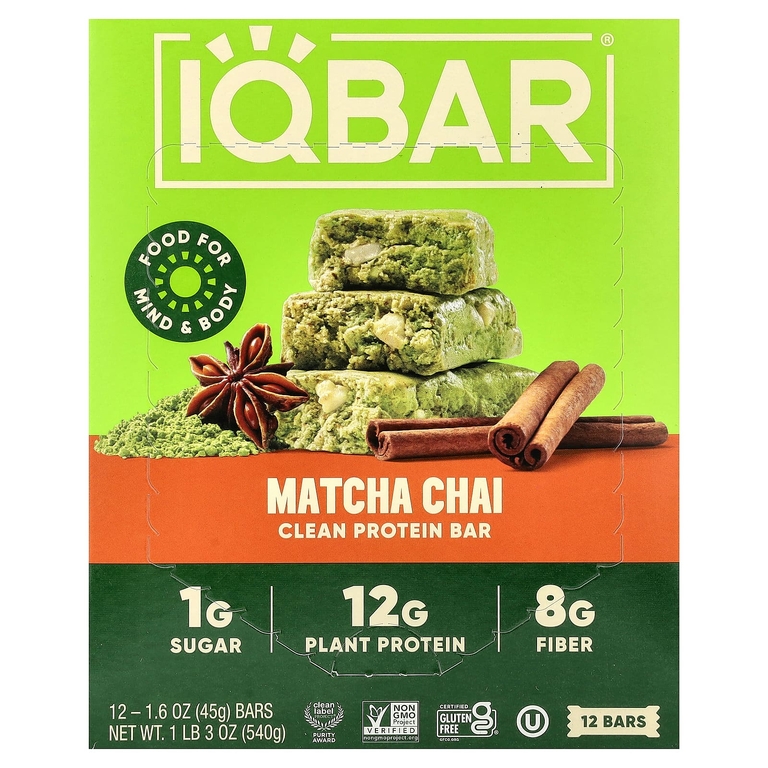 IQBAR, Растительный протеиновый батончик, чай с чаем, 12 батончиков, 45 г (1,6 унции)