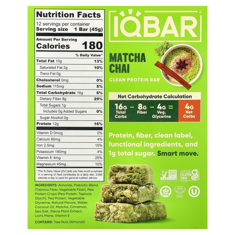 IQBAR, Растительный протеиновый батончик, чай с чаем, 12 батончиков, 45 г (1,6 унции)