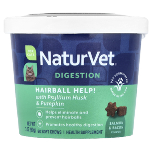 NaturVet, пищеварение, волосяные комки, с шелухой подорожника и тыквой, для кошек, лосось и бекон, 60 жевательных таблеток, 90 г (3 унции)