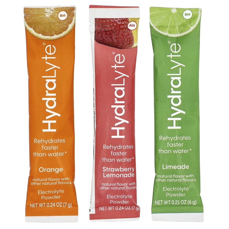 Hydralyte, шипучий электролитный порошок, ассорти вкусов, апельсин, клубничный лимонад и лаймад, 30 отдельных пакетиков, 200 г (6,9 унции)