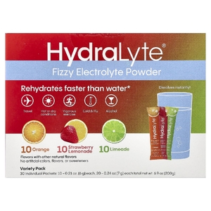 Hydralyte, шипучий электролитный порошок, ассорти вкусов, апельсин, клубничный лимонад и лаймад, 30 отдельных пакетиков, 200 г (6,9 унции)