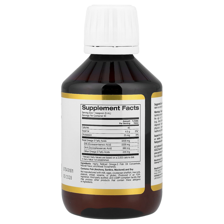 California Gold Nutrition, Oslomega®, норвежский рыбий жир с омега-3 повышенной силы действия, натуральный лимонный вкус, 200 мл (6,7 жидк. унции)
