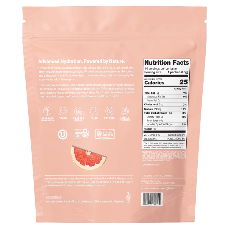 Cure Hydration, смесь электролитов для гидратации, грейпфрут, 14 пакетиков по 8,3 г (0,29 унции) каждый