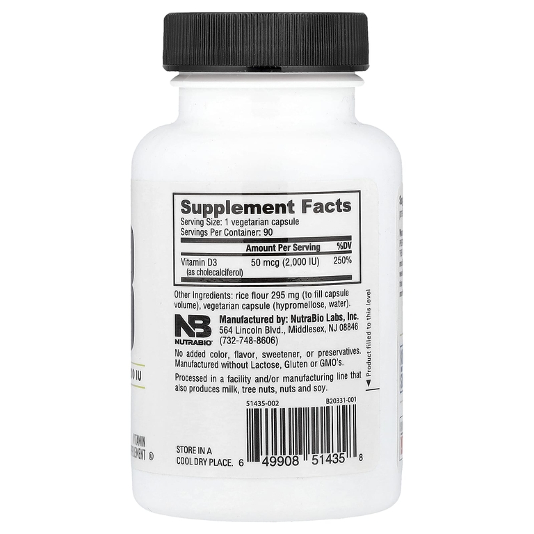 NutraBio, Витамин D-3, 2000 МЕ, 90 капсул