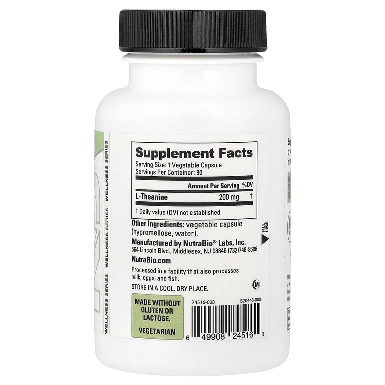 NutraBio, L-теанин, 90 капсул (200 мг на капсулу)
