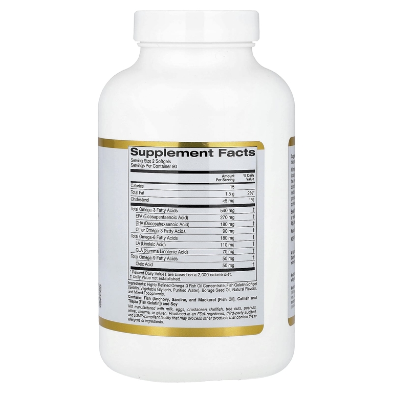 California Gold Nutrition, омега-3, 6 и 9, с рыбьим жиром с омега-3 и маслом семян бурачника, ЭПК, ДГК, ГЛК и линолевая кислота, натуральный лимон, 180 капсул из рыбьего желатина