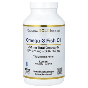 California Gold Nutrition, норвежский рыбий жир с омега 3, с ЭПК и ДГК, натуральный лимонный вкус, 180 капсул