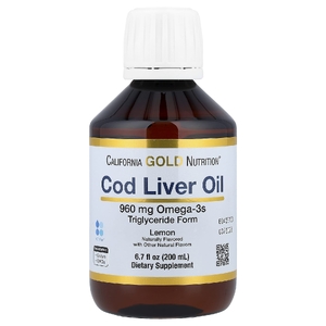California Gold Nutrition, жир из печени трески с омега-3 жирными кислотами, ЭПК, ДГК, витаминами A и D, норвежский, в форме триглицеридов, натуральный лимонный вкус, 200 мл (6,7 жидк. унции)