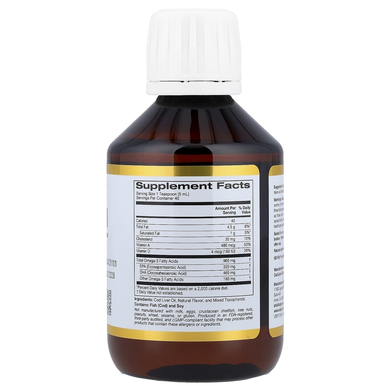 California Gold Nutrition, жир из печени трески с омега-3 жирными кислотами, ЭПК, ДГК, витаминами A и D, норвежский, в форме триглицеридов, натуральный лимонный вкус, 200 мл (6,7 жидк. унции)