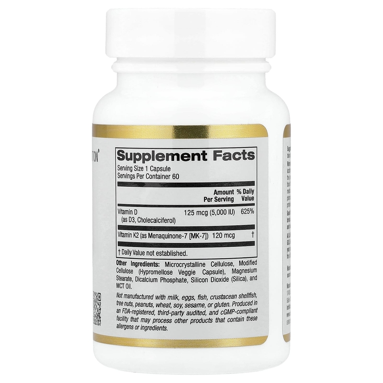 California Gold Nutrition, витамины D3 и K2 в форме MK-7, 60 растительных капсул