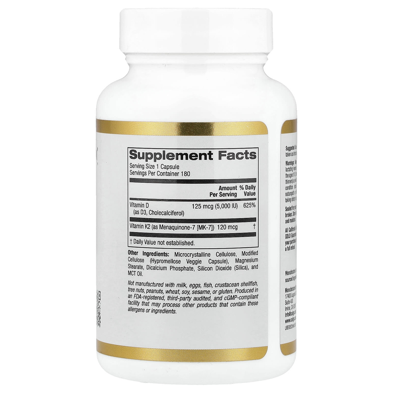 California Gold Nutrition, витамины D3 и К2 в форме MK-7, 180 растительных капсул