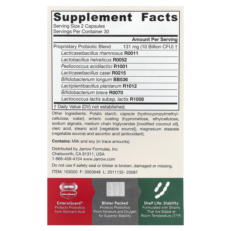 Jarrow Formulas, пробиотический комплекс Jarro-Dophilus®, 60 растительных капсул (5 млрд КОЕ в 1 капсуле)