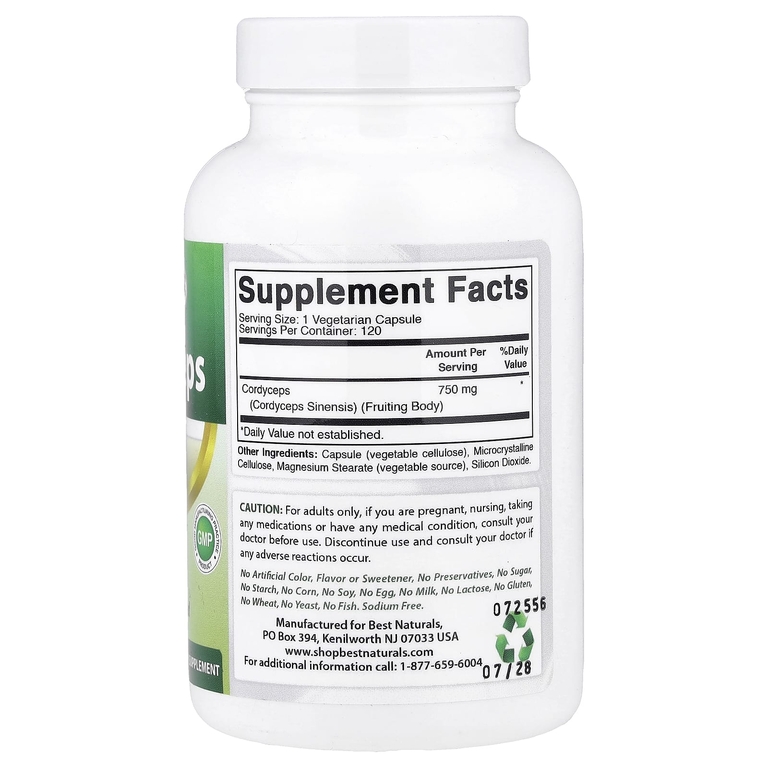 Best Naturals, Кордицепс, формула премиального качества, 750 мг, 120 вегетарианских капсул
