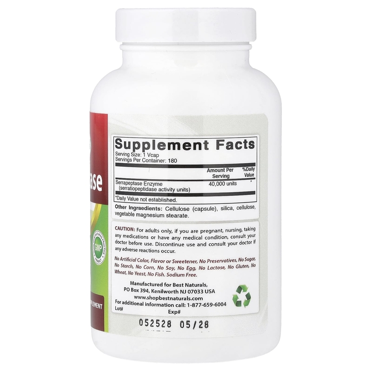 Best Naturals, Серрапептаза, 40 000 SPU, 180 капсул в секунду
