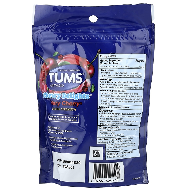 Tums, Chewy Delights®, антацид, повышенная сила действия, Every Cherry®, 32 жевательных таблетки (1177 мг в 1 жевательной таблетке) (Товар снят с продажи) 