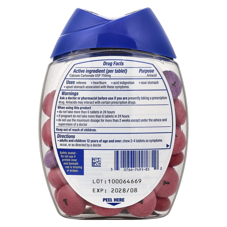 Tums, антацид, жевательные таблетки, ассорти ягод, 750 мг, 60 жевательных таблеток