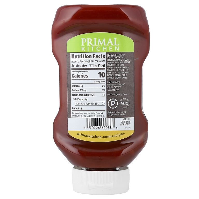 Primal Kitchen, A Tad Sweet™ Кетчуп, подслащённый мёдом, 524 г (1 фунт 2,5 унции)