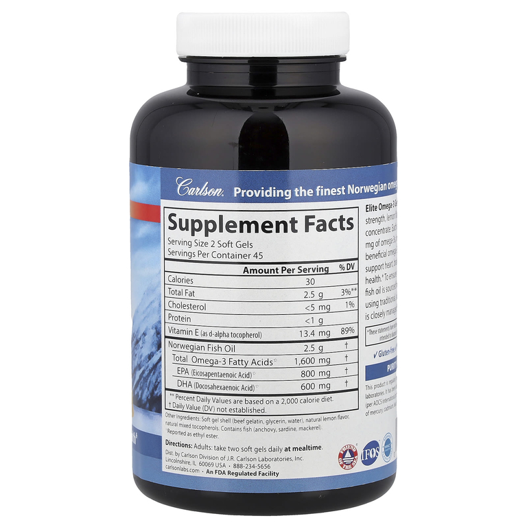 Carlson, Elite Omega-3 Gems®, отборные омега-3 кислоты из норвежской рыбы дикого улова, натуральный лимонный вкус, 90 капсул