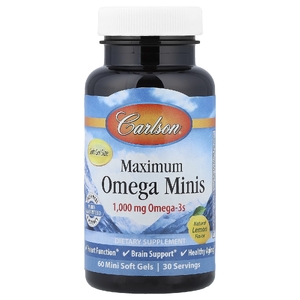 Carlson, Maximum Omega мини, натуральный лимон, 60 мини-капсул (500 мг в 1 капсуле)