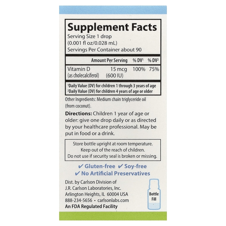 Carlson, Kid's Super Daily® D3, 2,54 мл (0,086 жидк. унции) (Товар снят с продажи) 