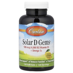 Carlson, Solar D Gems®, витамин D3 и омега-3 кислоты, натуральный лимонный вкус, 120 капсул