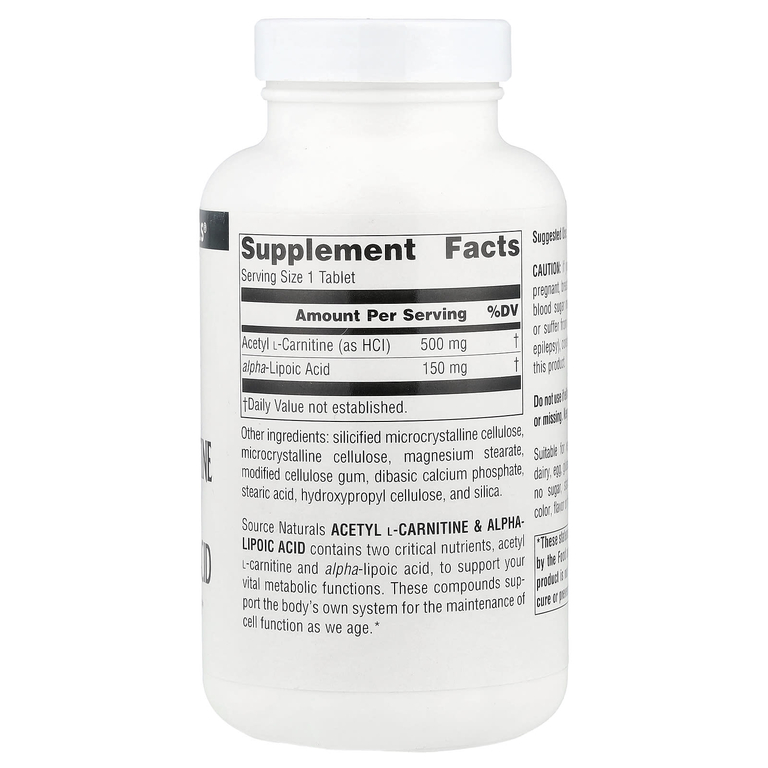 Source Naturals, Ацетил L-карнитин и альфа-липоевая кислота, 650 мг, 120 таблеток
