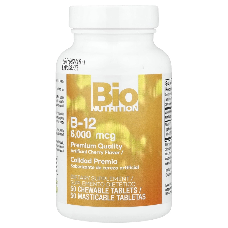 Bio Nutrition, Витамин B12, вишня, 6000 мкг, 50 жевательных таблеток