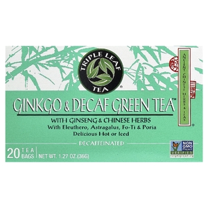 Triple Leaf Tea, зеленый чай с гинкго и без кофеина, 20 чайных пакетиков, 36 г (1,27 унции)