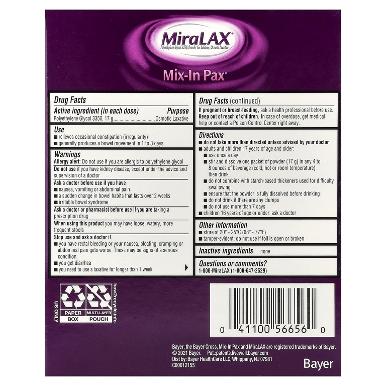 MiraLAX, Mix-In Pax®, без зерен, без добавок, 20 пакетиков по 17 г (0,5 унции)