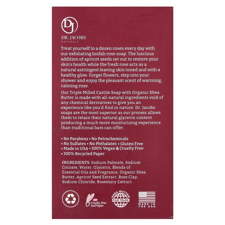 Dr. Jacobs Naturals, Отшелушивающее кастильское мыло с люфой, Lucy Rose, 142 г (5 унций)