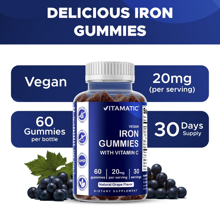 Vitamatic, веганские жевательные таблетки с железом с витамином C, со вкусом натурального винограда, 60 жевательных таблеток