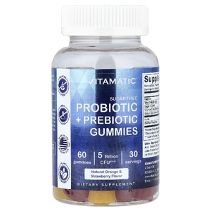 Vitamatic, жевательные таблетки с пробиотиками и пребиотиками, без сахара, натуральный апельсин и клубника, 60 жевательных таблеток (2,5 млрд КОЕ в 1 таблетке)