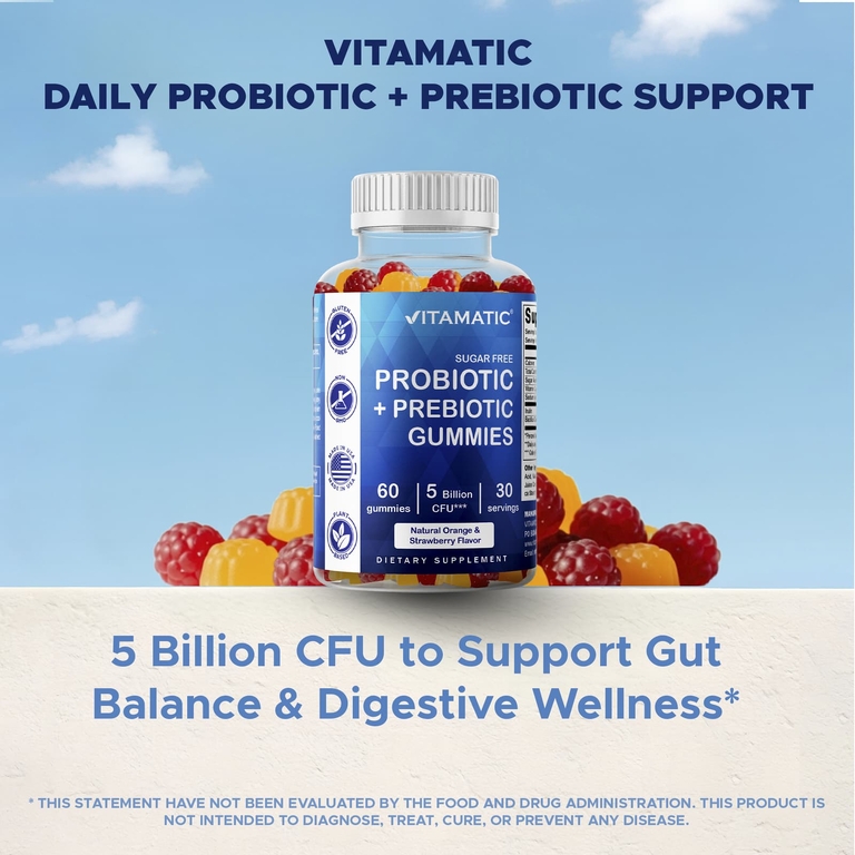 Vitamatic, жевательные таблетки с пробиотиками и пребиотиками, без сахара, натуральный апельсин и клубника, 60 жевательных таблеток (2,5 млрд КОЕ в 1 таблетке)