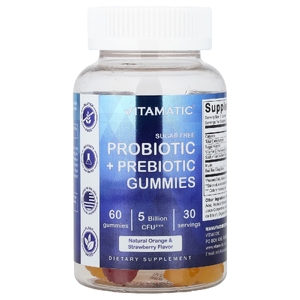 Vitamatic, жевательные таблетки с пробиотиками и пребиотиками, без сахара, натуральный апельсин и клубника, 60 жевательных таблеток (2,5 млрд КОЕ в 1 таблетке)