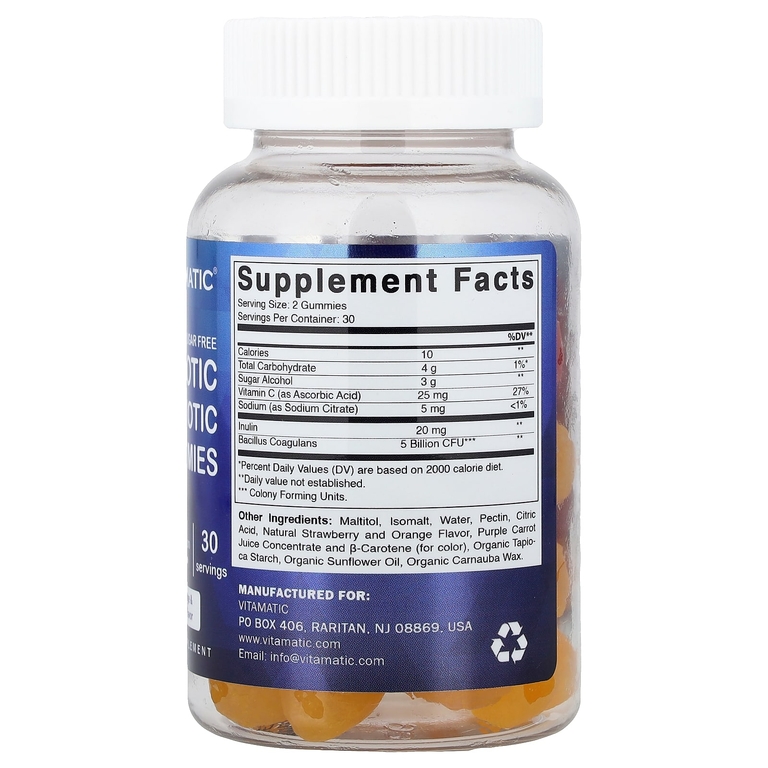 Vitamatic, пробиотики и пребиотики, без сахара, натуральный апельсин и клубника, 60 жевательных таблеток