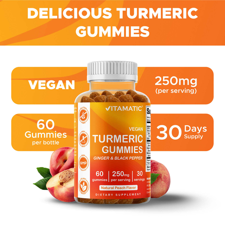 Vitamatic, веганские жевательные таблетки с куркумой, со вкусом натурального персика, 60 жевательных таблеток