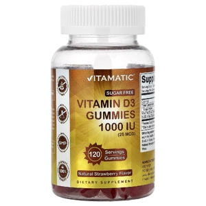 Vitamatic, Жевательные мармеладки с витамином D3, натуральная клубника, 1000 МЕ (25 мкг), 120 жевательных таблеток
