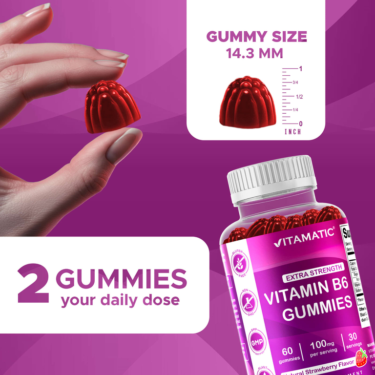Vitamatic, витамин B6, натуральная клубника, 60 жевательных мармеладок (50 мг в 1 жевательной таблетке)