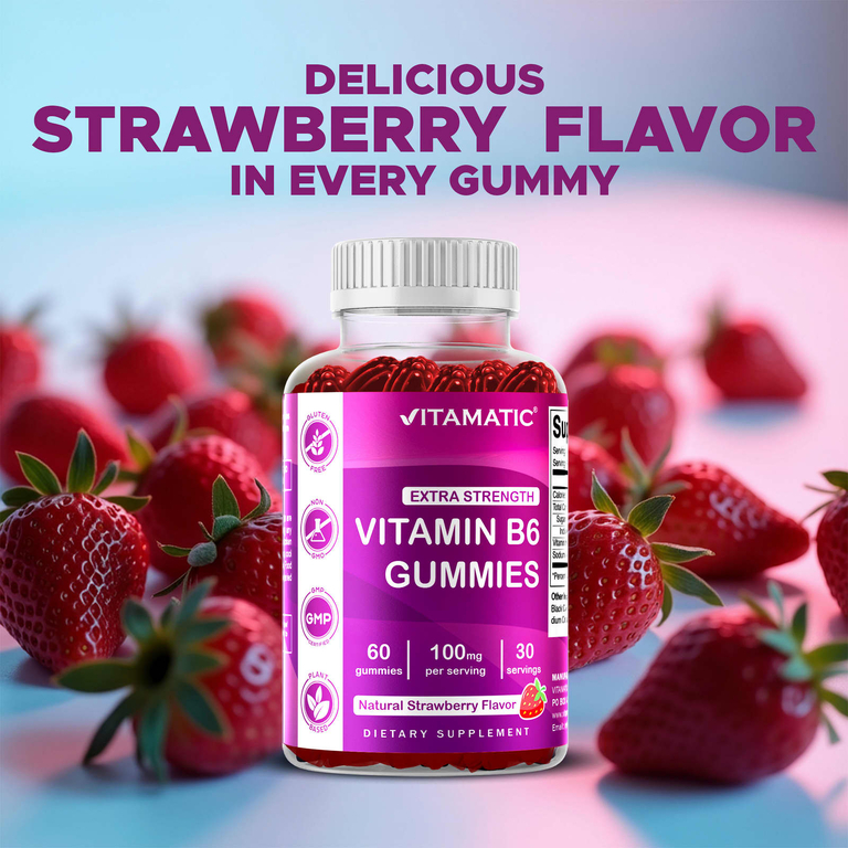 Vitamatic, витамин B6, натуральная клубника, 60 жевательных мармеладок (50 мг в 1 жевательной таблетке)