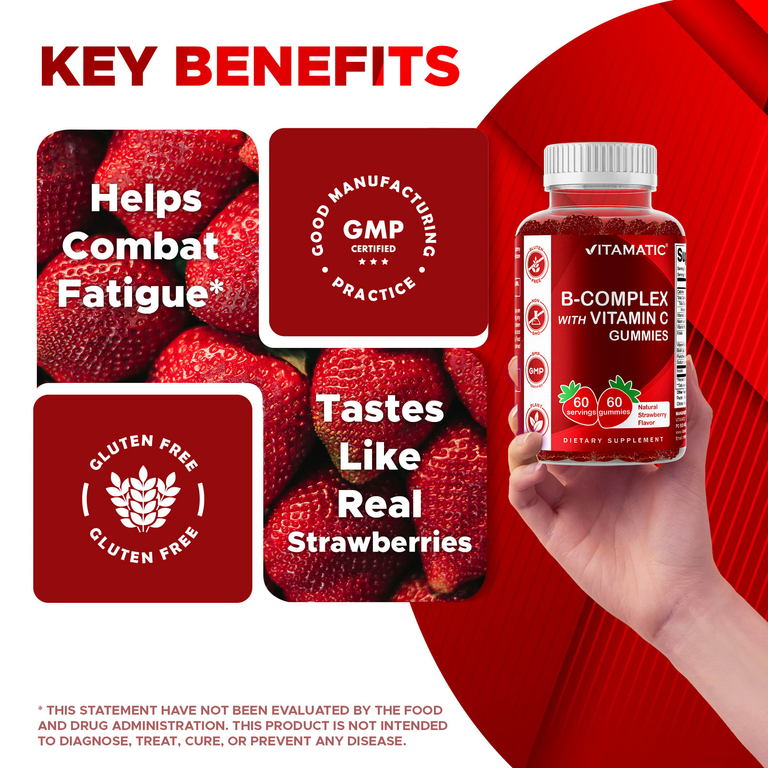 Vitamatic, комплекс витаминов группы B с витамином C, натуральный клубничный вкус, 60 жевательных таблеток