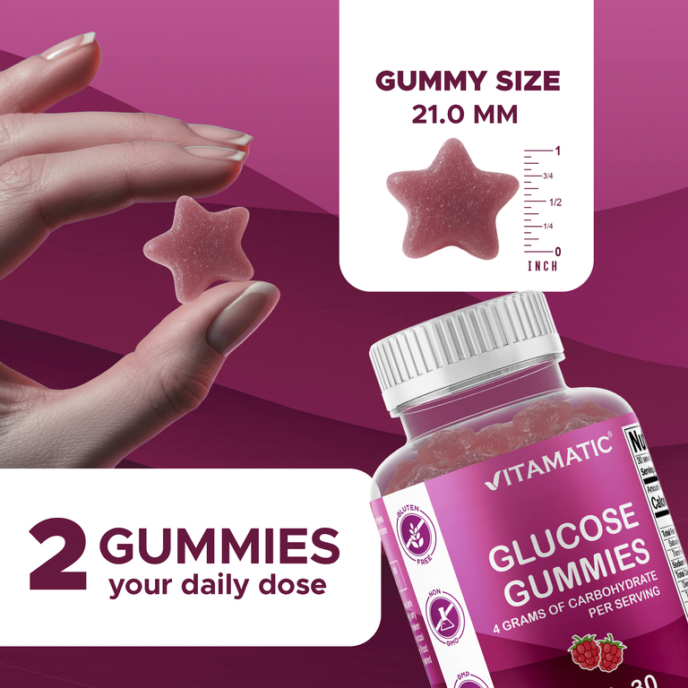Vitamatic, Жевательные мармеладки с глюкозой, натуральная малина, 60 жевательных мармеладок, 150 г (5,3 унции)