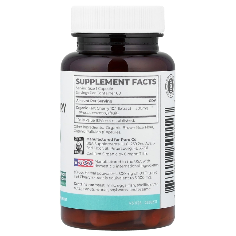 Pure Co., органическая вишня, 60 веганских капсул (500 мг в 1 капсуле)