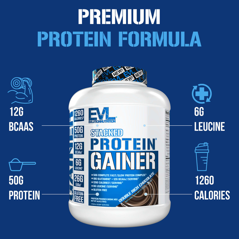 EVLution Nutrition, Stacked Protein Gainer, шоколад двойной насыщенности, 2,72 кг (6 фунтов)