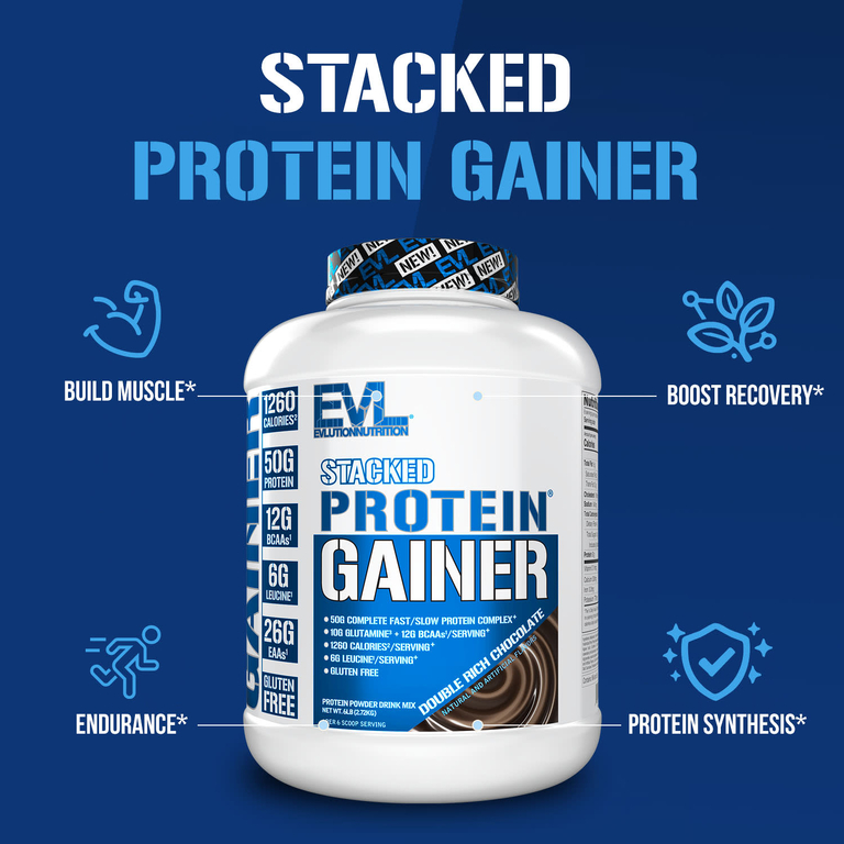 EVLution Nutrition, Stacked Protein Gainer, шоколад двойной насыщенности, 2,72 кг (6 фунтов)