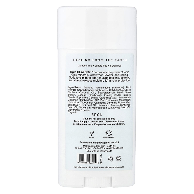 Zion Health, Bold, дезодорант ClayDry, без отдушки, 80 г (2,8 унции)